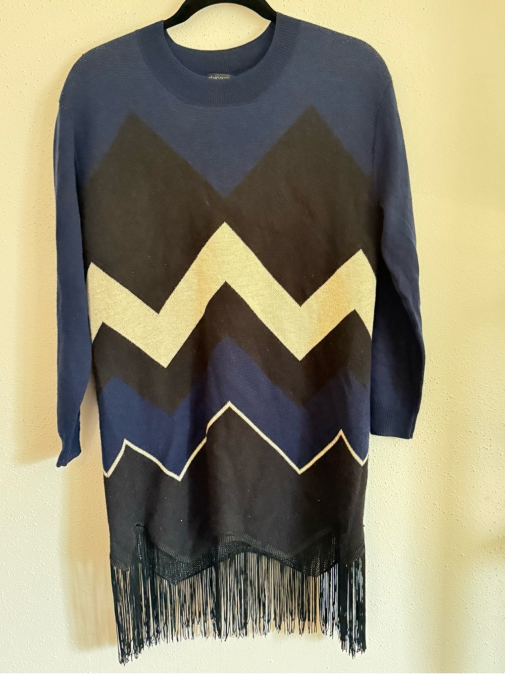 Timo Weiland Navy, Black & Cream Chevron Fringe Sweater
